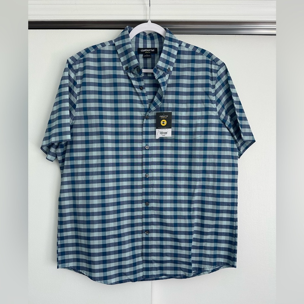 Claiborne Men's Blue and White Plaid Shirt